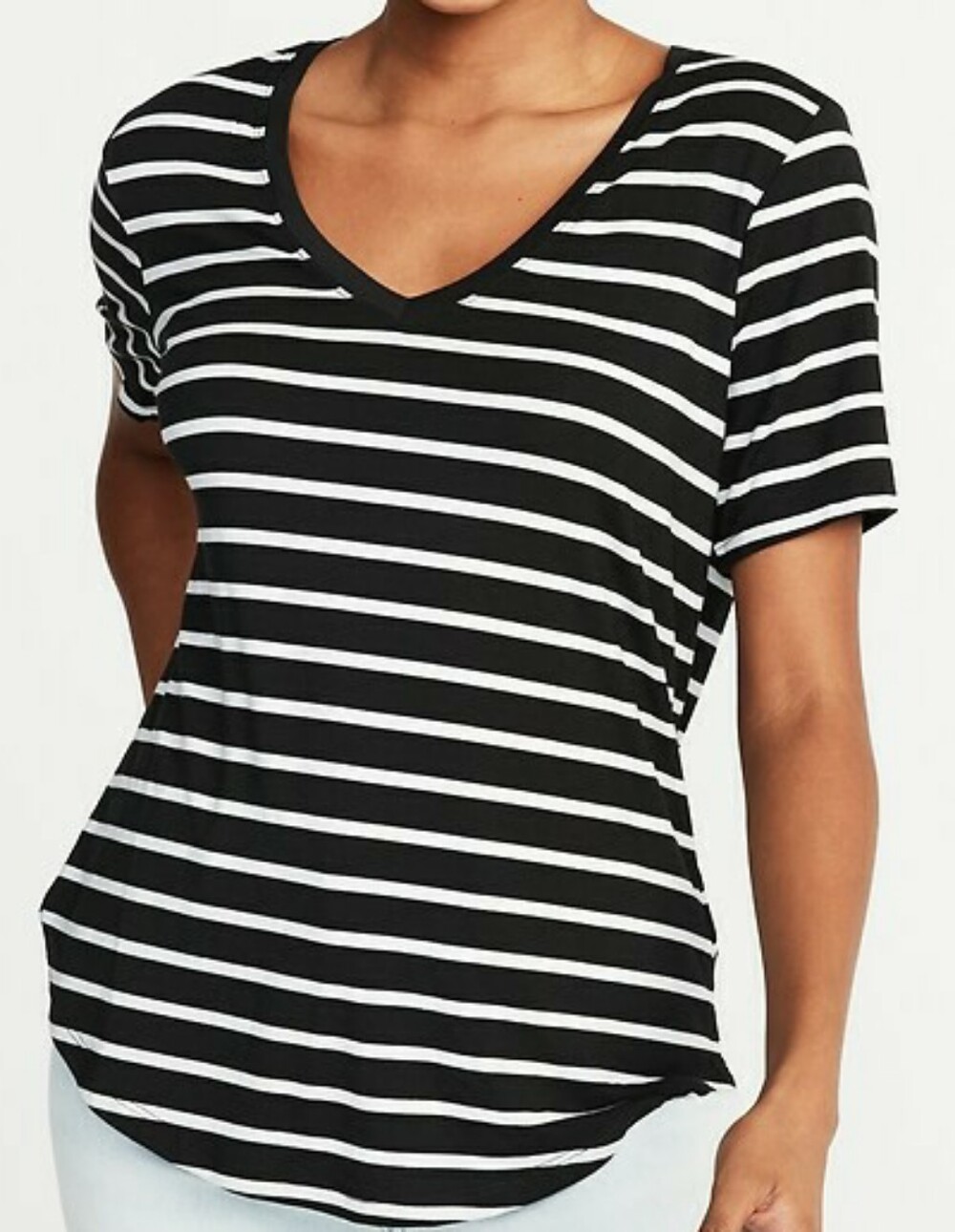 Old Navy Luxe Striped V-Neck Women's Top - Black and White Short Sleeve Large